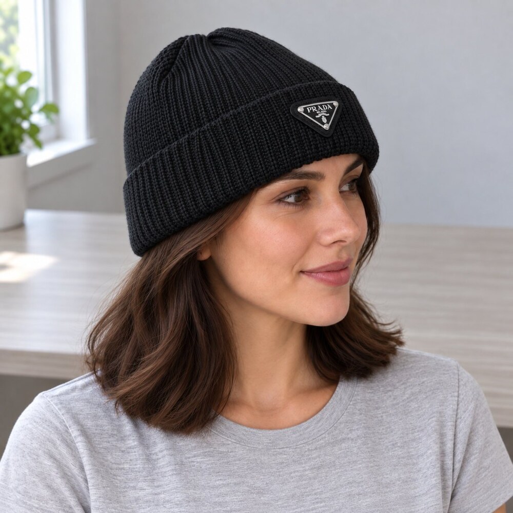Prada Black Ribbed Triangle Logo Beanie - Picture 3 of 6